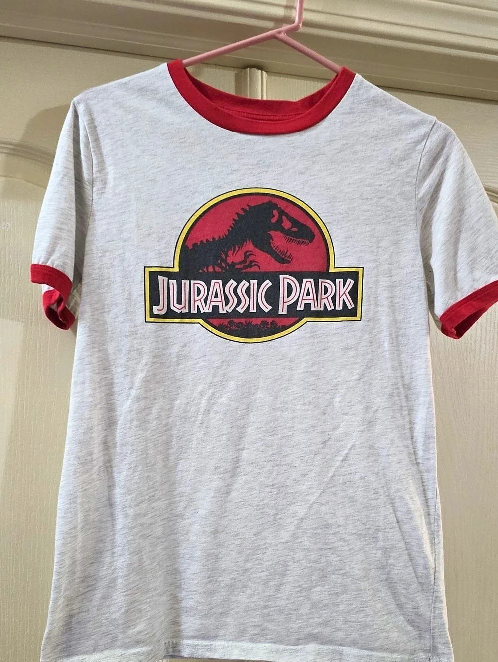 Jurassic Park Classic Logo Ringer T-Shirt Gray & Red XXL